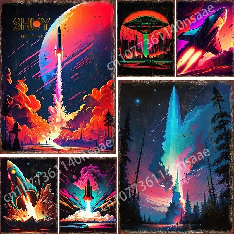 

Space Travel Wall Art Pictures Colorful Astronaut Space Rocket Pop Art Metal Tin Signs Prints Poster Home Kid Room Decor Mural