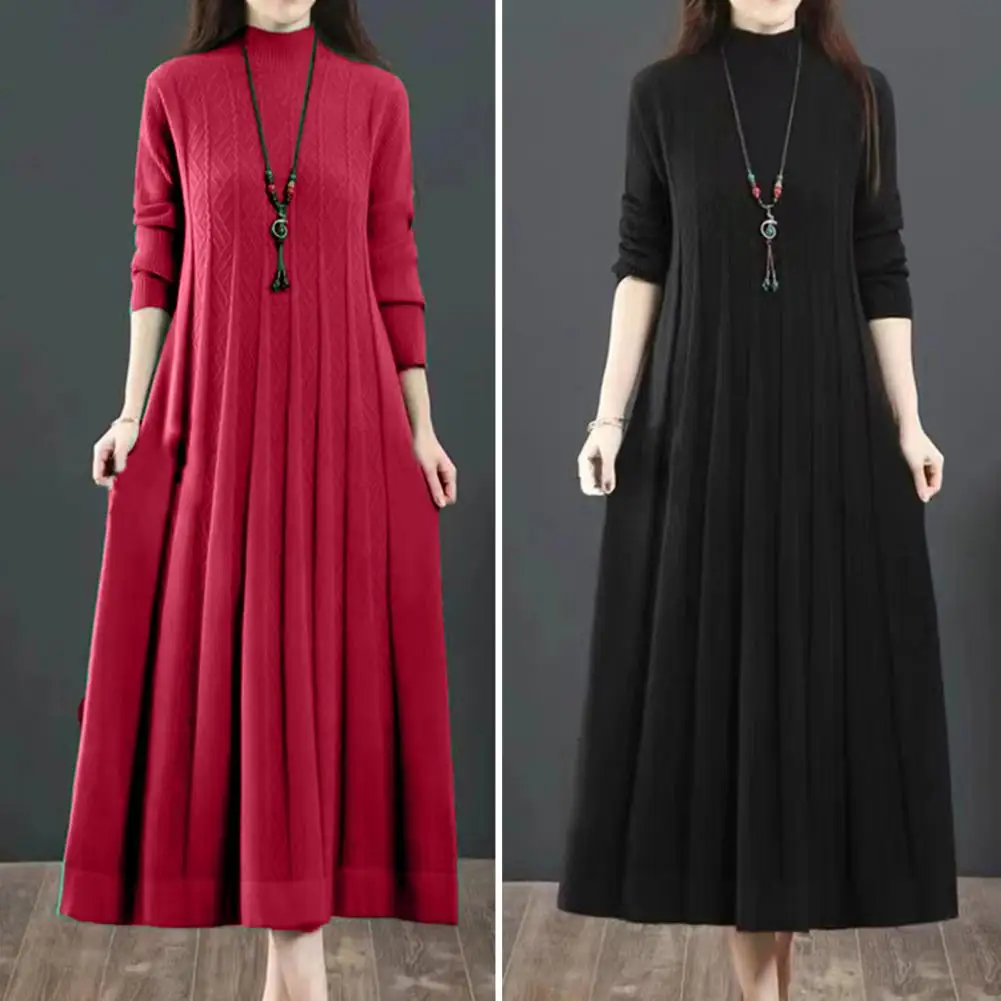 

Loose Waistline Dress Cozy Knitted A-line Midi Dress with High Collar Warm Long Sleeves Pleated Hem for Women Fall Winter