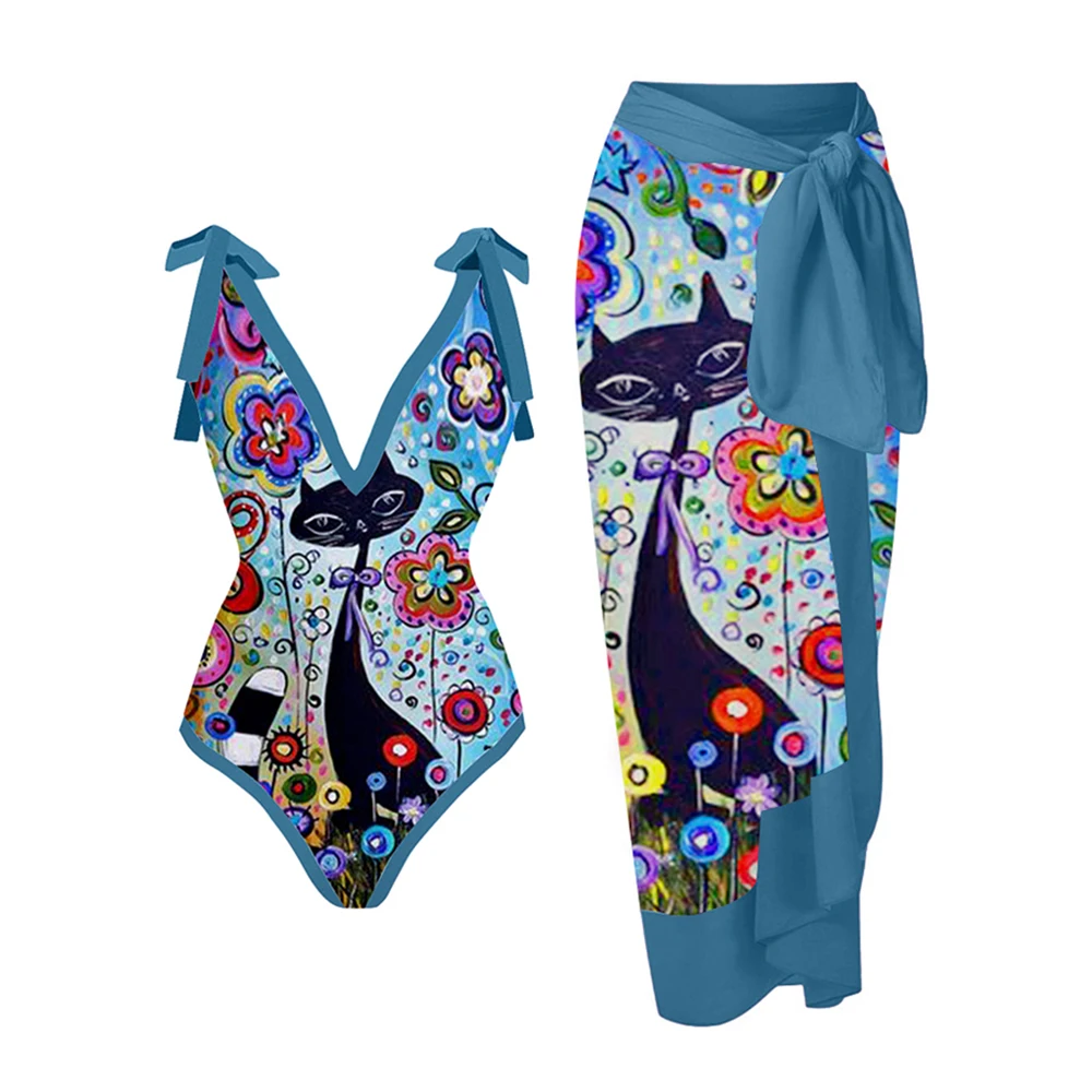 

Fashion Blue Printed Bikini Set Deep-v One-piece Swimsuit and Cover Up Summer Beachwear Women Bathing Suit Backless Surf Wear