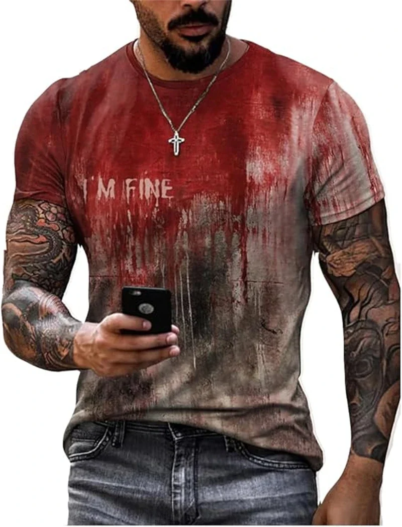 Funny 'I'm Fine' Blood Splatter T-Shirt For Women - Halloween Horror Graphic Tee, Casual Round Neck Top - View #9