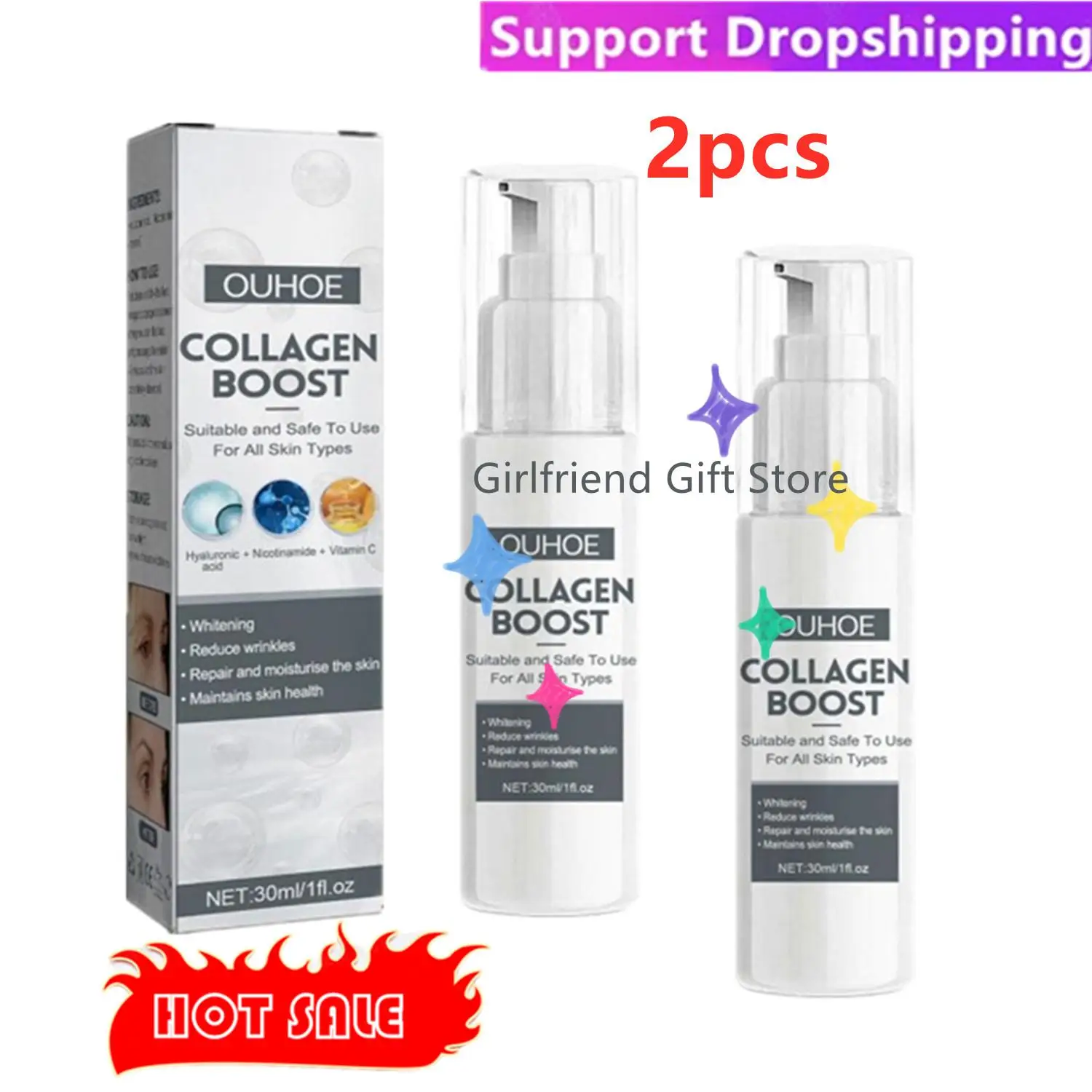 2pcs Collagen Boost Serum Anti-Aging Dark Spot Corrector Wrinkle Cream Face Skin Care For Women And Men 30ml