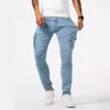 Men Multi Pocket Small Slim High Street Jeans Male Fashion Casual Pencil Elasticity Denim Pants Retro Wash Solid Trousers