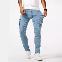 Men Multi Pocket Small Slim High Street Jeans Male Fashion Casual Pencil Elasticity Denim Pants Retro Wash Solid Trousers