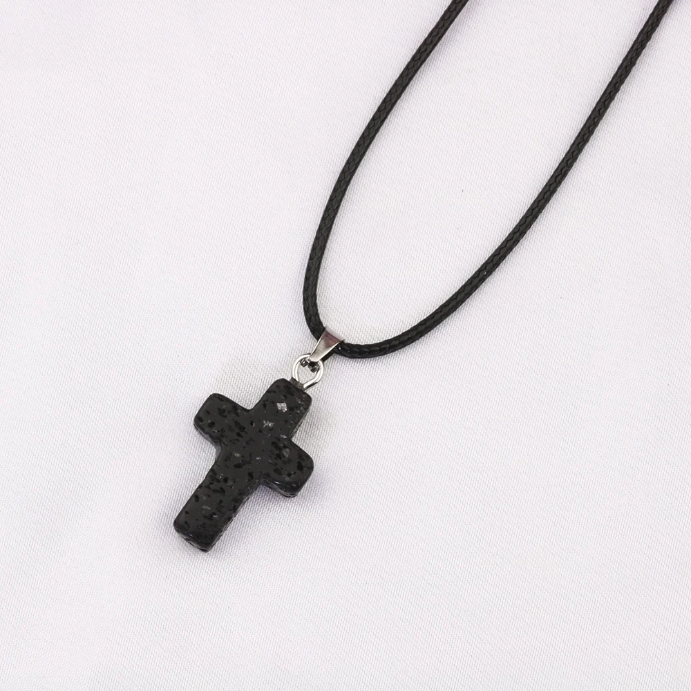 Black Lava Stone Cross Charms Necklace Aromatherapy Essential Oil Perfume Diffuser Pendant Pu Chain Necklace