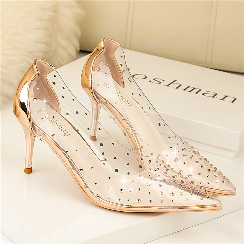 

Женские вечерние туфли на высоком каблуке 8 см, блестящие туфли-лодочки на среднем каблуке, женские свадебные туфли с блестящими стразами, блестящие прозрачные туфли из ПВХ