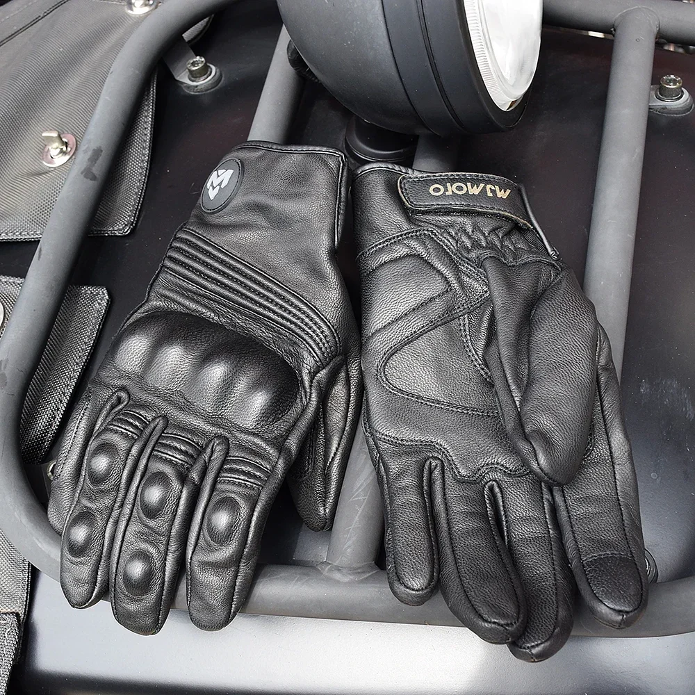 Retro Leather Black Motorcycle Gloves Men Summer Perforated Breathable Motocross Gloves Touch Screen Moto Racing Equipment Glove 3