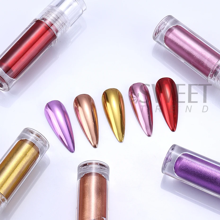 Metallic Liquid Mirror Chrome Powder For Nails Tube Design Rubbing Pigment With Brush Gold Silver Polish Glitter Manicure Decor
