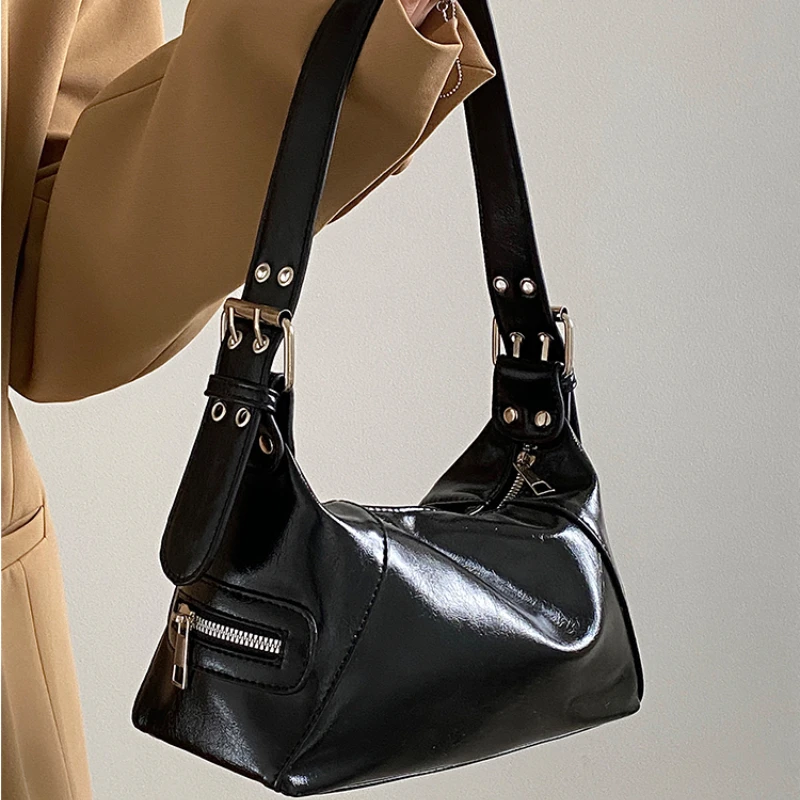 

Retro PU Leather Women's Small Shoulder Bag Y2k Cool Girls Vintage Underarm Bags Luxury Female Purse Hand Bag Armpit Bag