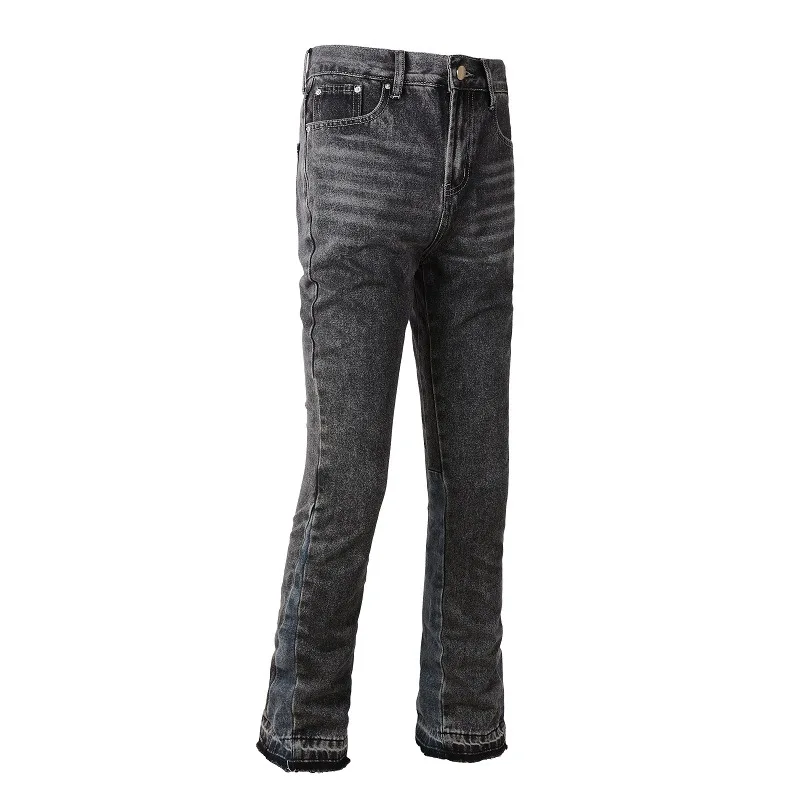 Men Jeans Washed Denim Flare Pants Mid Waist Pockets Patchwork Denims Autumn Streetwear Vintage Ankle Length Trousers men jeans mens jeans jeans trousers denim trousers washed jeans