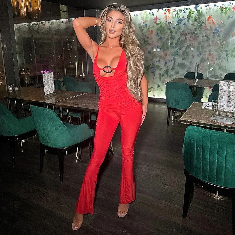 

Metal Ring Hollow Spaghetti Straps Flare Jumpsuit Women Sexy V-neck Sleeveless Backless Slim Boot Cut Casual Overall Club Romper