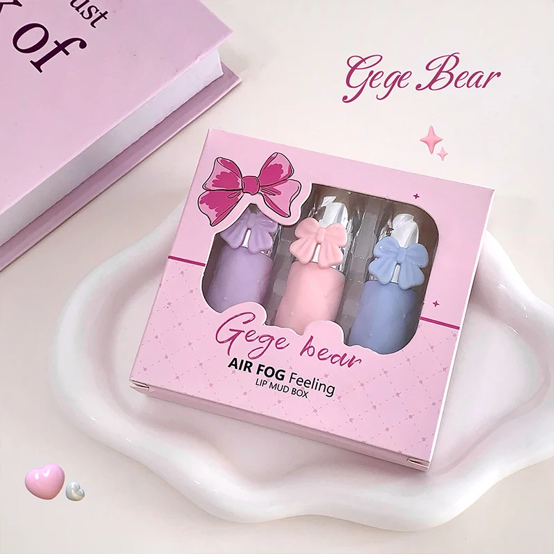 Gege Bear Air Matte Lip Mud Set Matte Color Lip Glaze Mud Three in a Box lip gloss,lip makeup,lip glaze