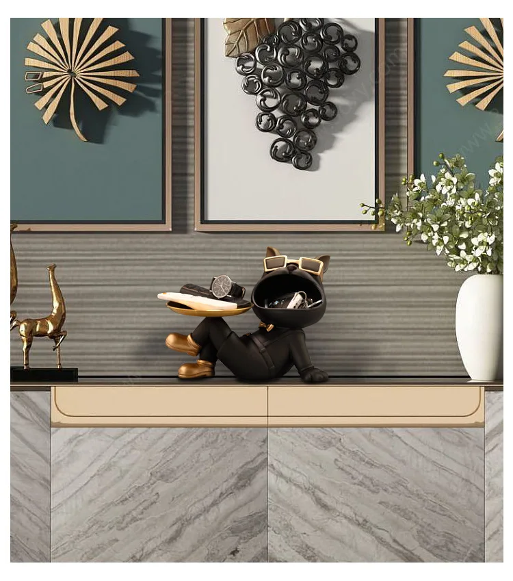 Bulldog Resin Figurine Ornament, Big Mouth Dog with Storage Tray, Candy, Key Storage Container Ornament, Tabletop Figurine