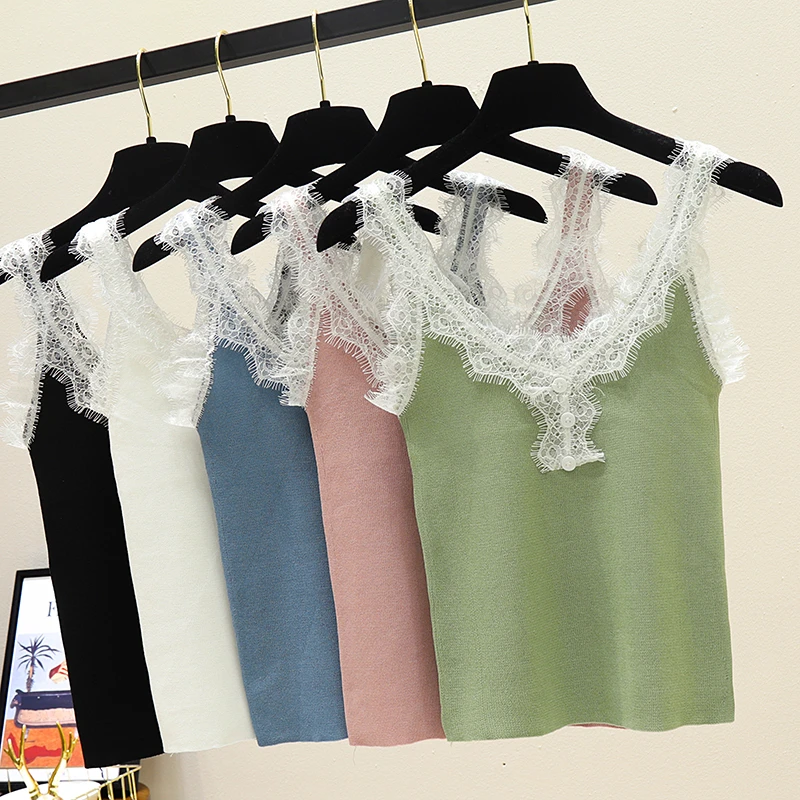 Sexy basic lace camisole Summer knit Tank top Women Slim strap camisole female camis High Elasticity casual solid top 2022 silk camisole