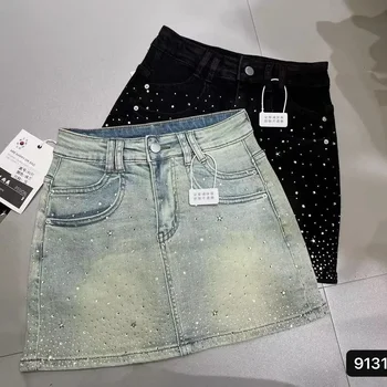 Starry Rhinestone Denim Skirt – Women’s Retro A-Line Mini Skirt 1