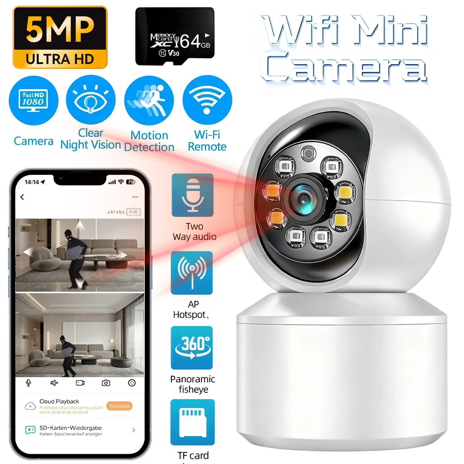 360° Wifi Camera Surveillance 5MP Smart Security Video Mini Night Vision Monitor Protection Indoor 64G Memory Wireless IP Camera 1