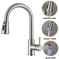 ก๊อกน้ําห้องครัวแปรงนิกเกิลดึงอ่างล้างจาน Water TAP Deck ติดตั้ง Mixer Stream Sprayer หัวร้อนเย็นก๊อก Sliver 1