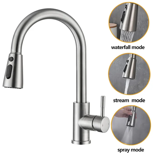 ก๊อกน้ําห้องครัวแปรงนิกเกิลดึงอ่างล้างจาน Water TAP Deck ติดตั้ง Mixer Stream Sprayer หัวร้อนเย็นก๊อก Sliver 1