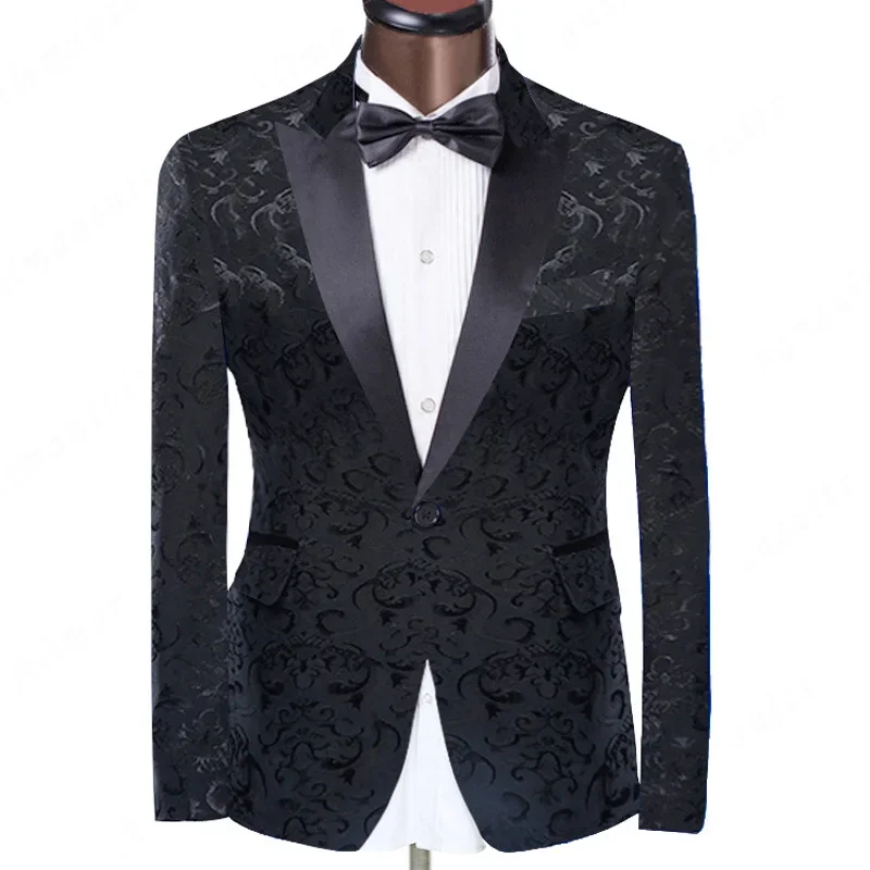 Floral Jacquard Prom Men Suit For Wedding With Black Pants 2 Piece Groomsmen Tuxedo Peaked Lapel Custom Man Fashion Set Jacket