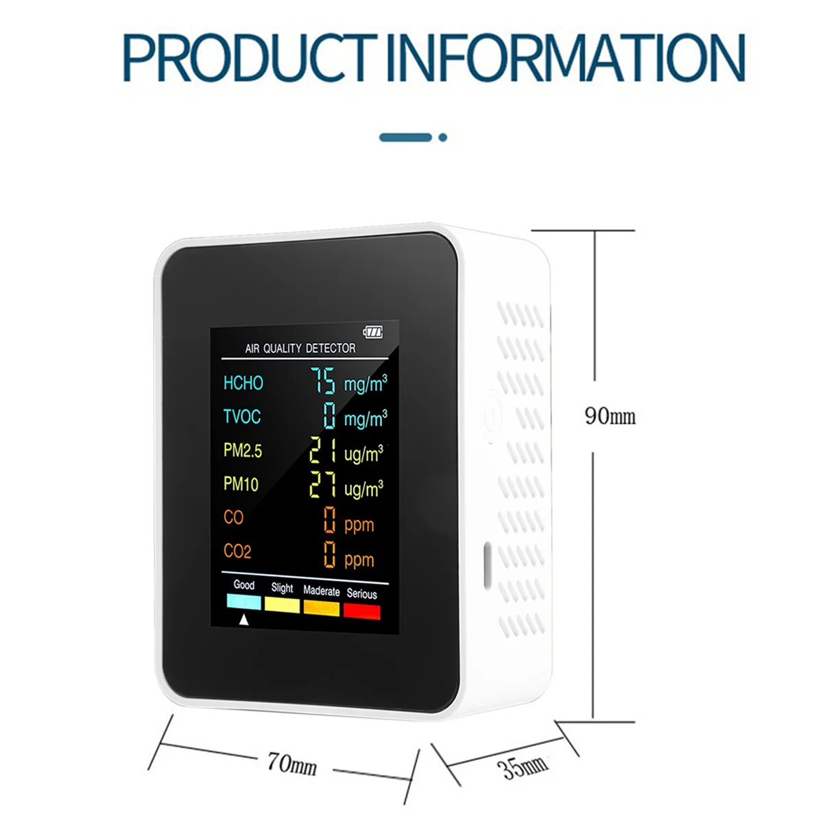 6 in 1 PM2.5 PM10 HCHO TVOC CO CO2 Air Quality Detector CO CO2 Formaldehyde Monitor Home Office Air Quality Tester,White F