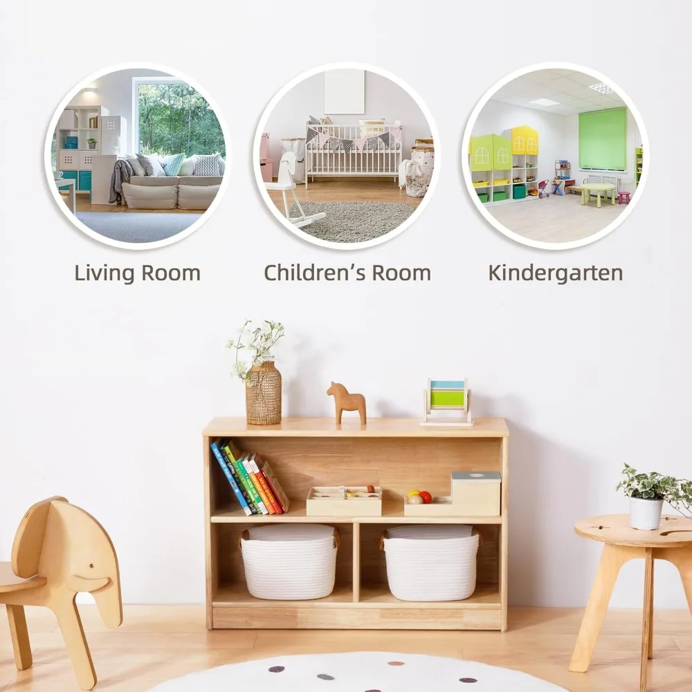 3-Compartment Wooden Storage Cabinet, 35.4" L, 2-Tier Toy Organizers and Storage, for Playroom, Nursery, Classroom, Kindergarten 3