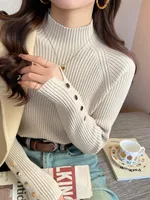 Autumn Winter Sweater Women  Pullovers Long Sleeve Tops Clothes Slim Knit Soft Jumper Streetwear Button Turtleneck Sweater - Image 2
