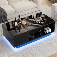47 Modern LED Coffee Table with Lift Top, All Black Coffee Table with Storage High Gloss Surface, Hidden Storage with Drawer, Op