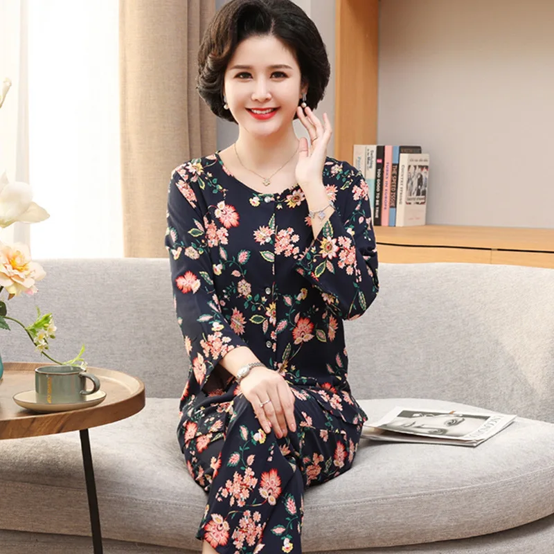 

Grandma Summer Two-Piece Set Pajamas Sets Long-Sleeved Cropped Pants Pyjamas Plus Size Women Sleepwear Mother Home Clothes