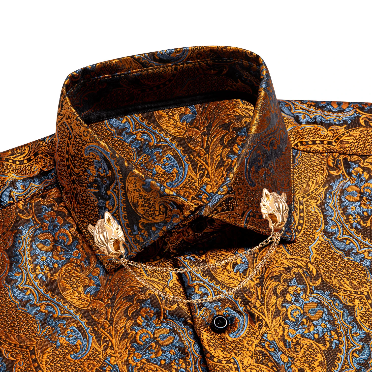 LuxuryMensSilkShirtGoldBlueLongSleeveSlimFitPaisleyRed