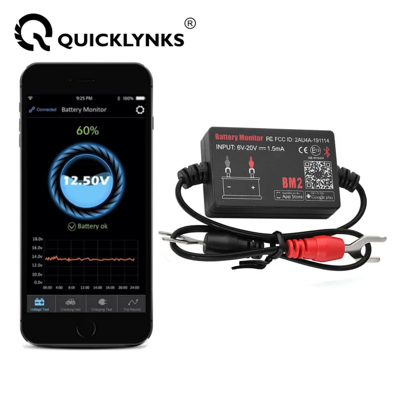 QUICKLYNKS moniteur de batterie 12V avec Bluetooth, outil de