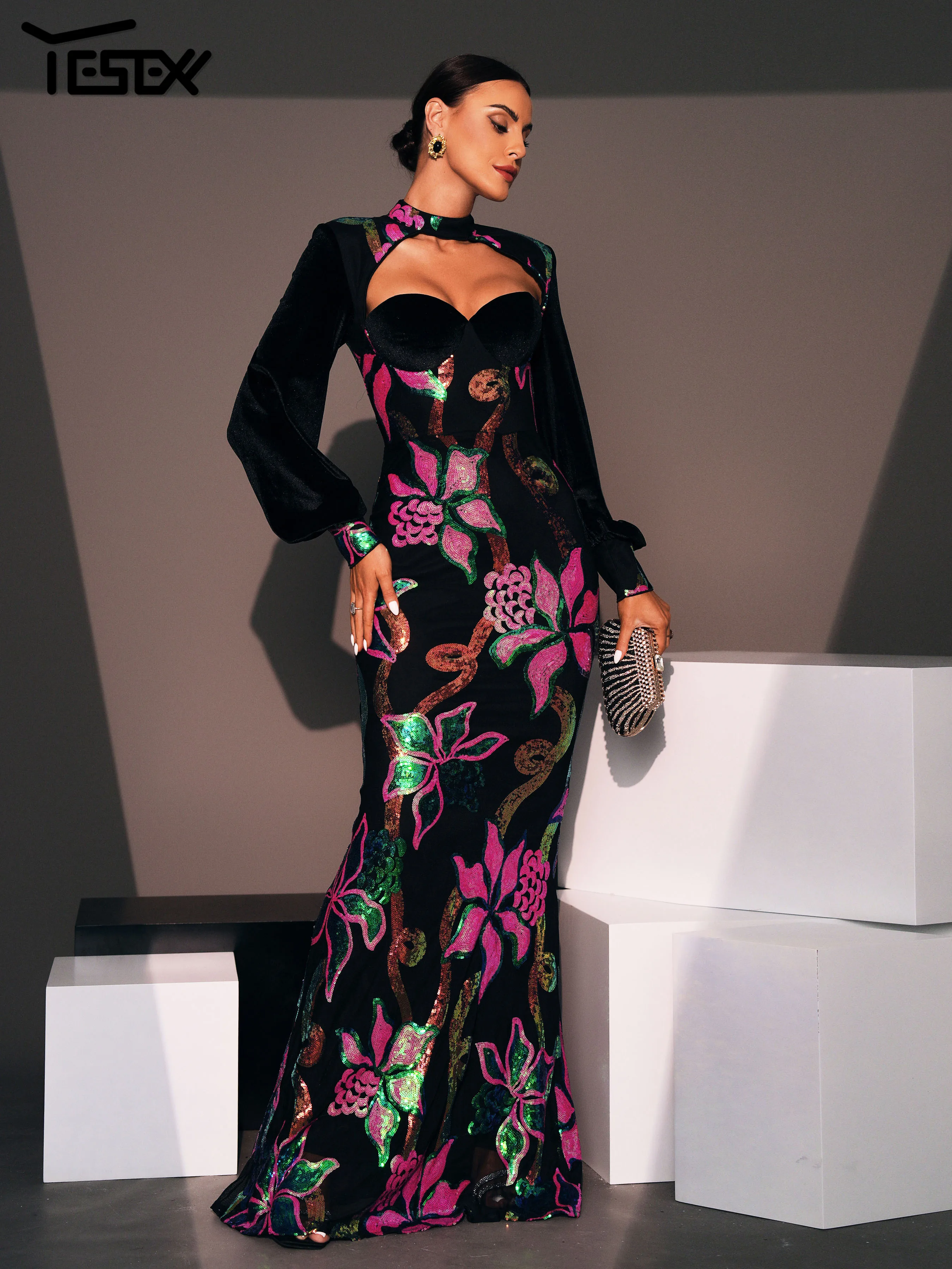 Yesexy Black 2024 Church Dress Round Neck Long Sleeved Sequin Mermaid Evening Formal Occasion Dresses 3