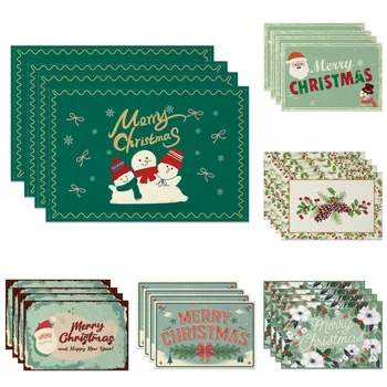 4pc/set 2025 Christmas Placemats Snowman Santa Pinecone Green Theme Holiday for Xmas Decor Linen Washable Christmas Tableware 1