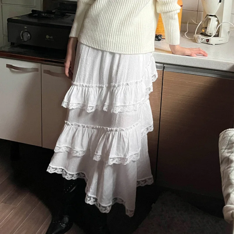 

2024 Spring Lace Patchwork Solid Color Elastic Waist Sweet Girl Elegant Women's Cake Skirt for Women Long A-line Skirts Y2k
