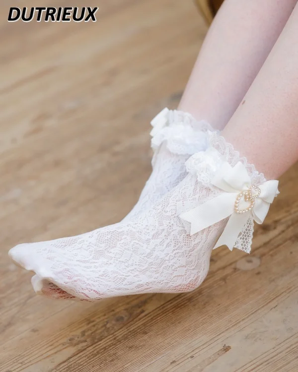 Handmade Sweet Lolita Socks Female Sweet Bow Pearl Heart Pendant Lace Tube Socks for Women Japanese Short Kawaii Girls