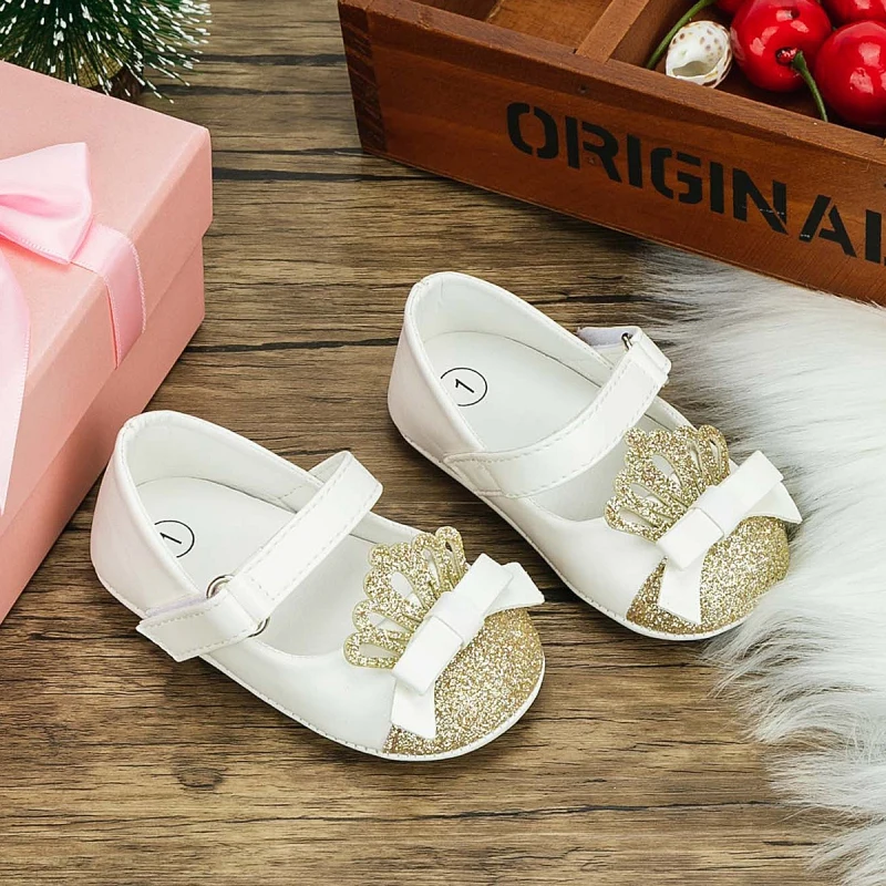 Baby Girl Princess Shoes Sweet Bow Sequin Crown Shallow Leather Shoes High Quality Soft Sole Non-Slip First Walkers Wedding Shoe
