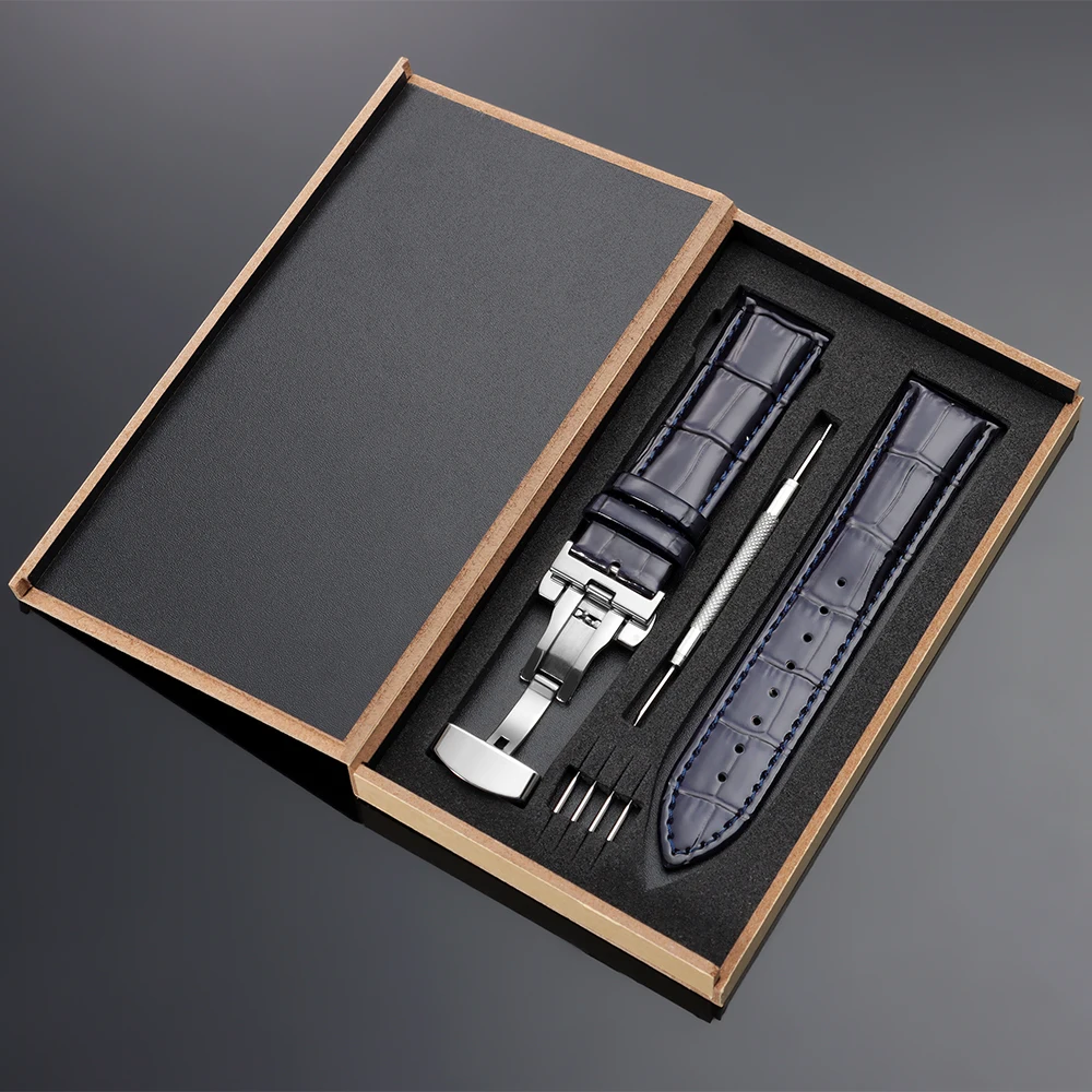 Luxurious Polished Genuine Leather Watch Band with Elegant Wooden Box and Butterfly Buckle - Available in Multiple Sizes