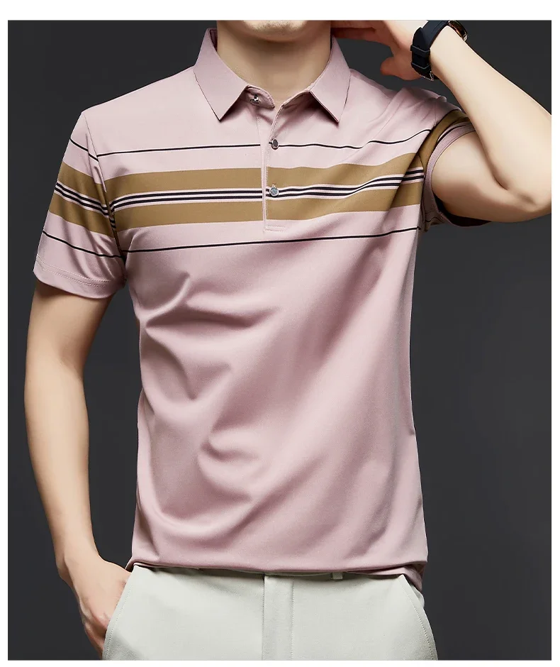 BROWON Brand 2025 Summer Men Polo Shirt Short Sleeve Lapel Collared Smart Casual Striped Office Polo Tops Tees for Men 20 Se585384b2bd243e6b64cf3532889a518k