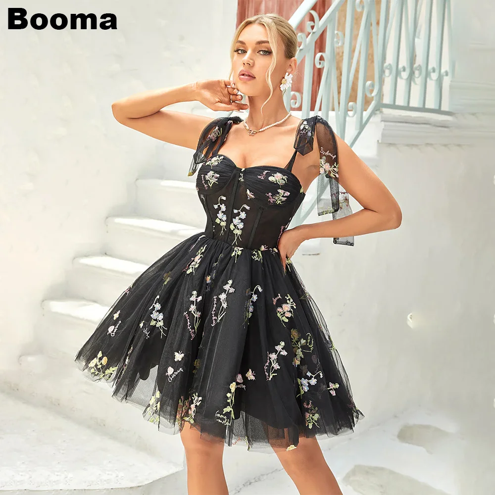

Booma Embroidery Lace A-Line Mini Prom Dresses Sweetheart Bow Straps Homecoming Party Gowns Above Knee Fairy Graduation Dress