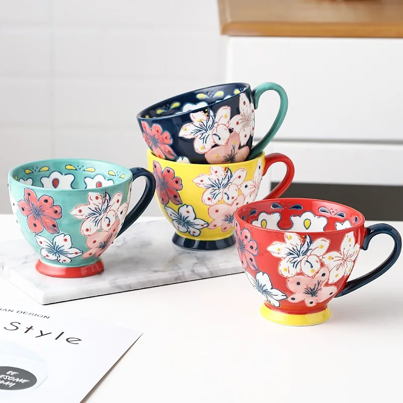 

Ceramic Coffee Mugs and Cups Large Capacity Hand Painted Flower Household Office Using Porcelain Creative Drinking Water Mug