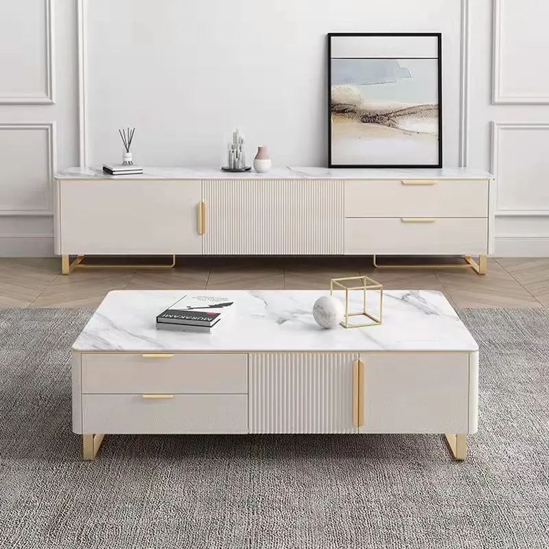 ATUNUS Living Room Furniture Elegant High End Gold White Stainless Steel Frame TV Stand And Coffee Table With Drawer For Home