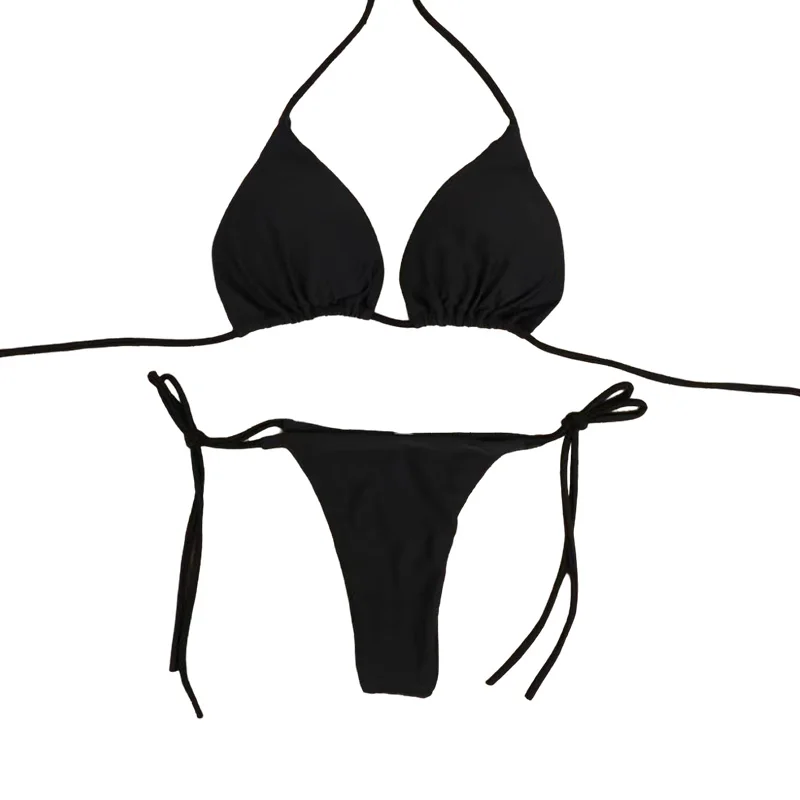 Solid Color Tie-Side G-String Bikini Set Breathtaking Bathing Suit with Feminine Bandage Design Sexy Brazilian Bikini Beachwear
