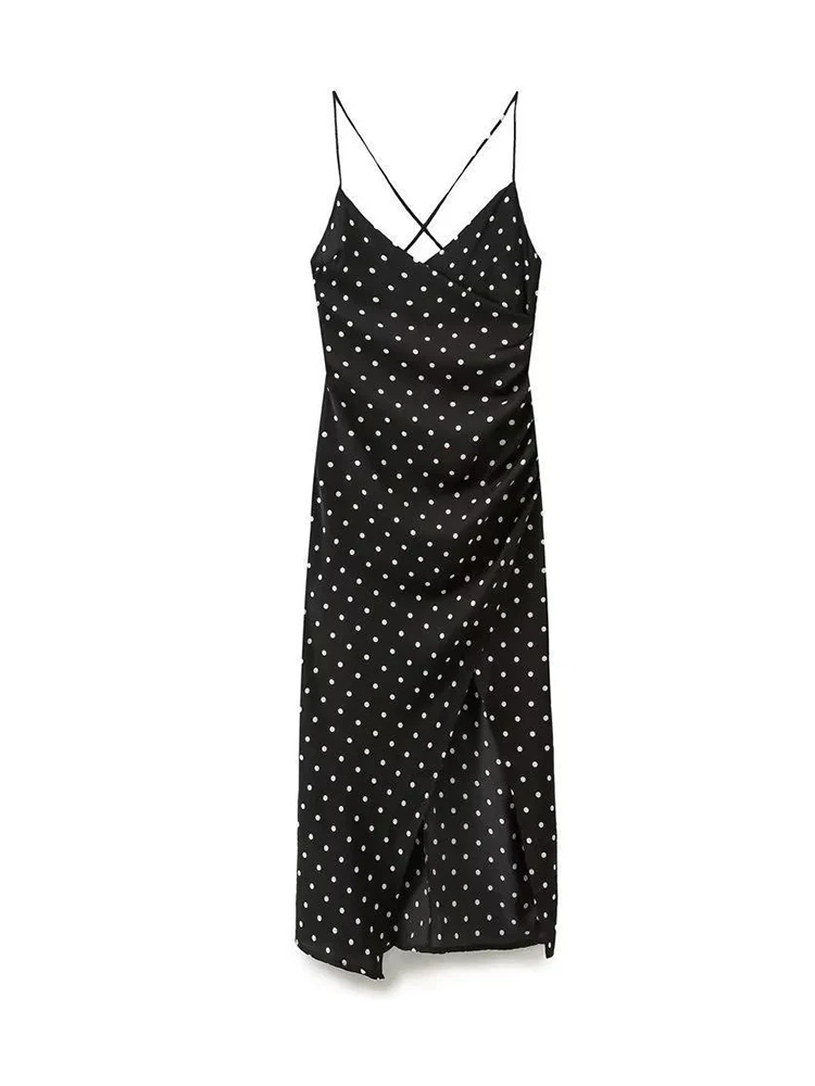 

Summer Dot Print Midi Dress Women Camisole Ruched Split Black Dresses