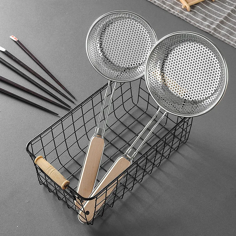 Stainless Steel Handhold Frying Skimmer Wooden Handle Fine Mesh Skimmer Spoon for Cooking Multifunctional Kitchen Accessories