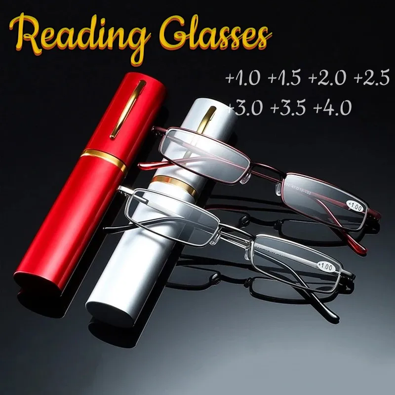 

Portable Presbyopic eyewear Unisex vintage Reading Glasses with Pen Tube Case Metal Case Spring Hinge Eyeglasses +1 To +4