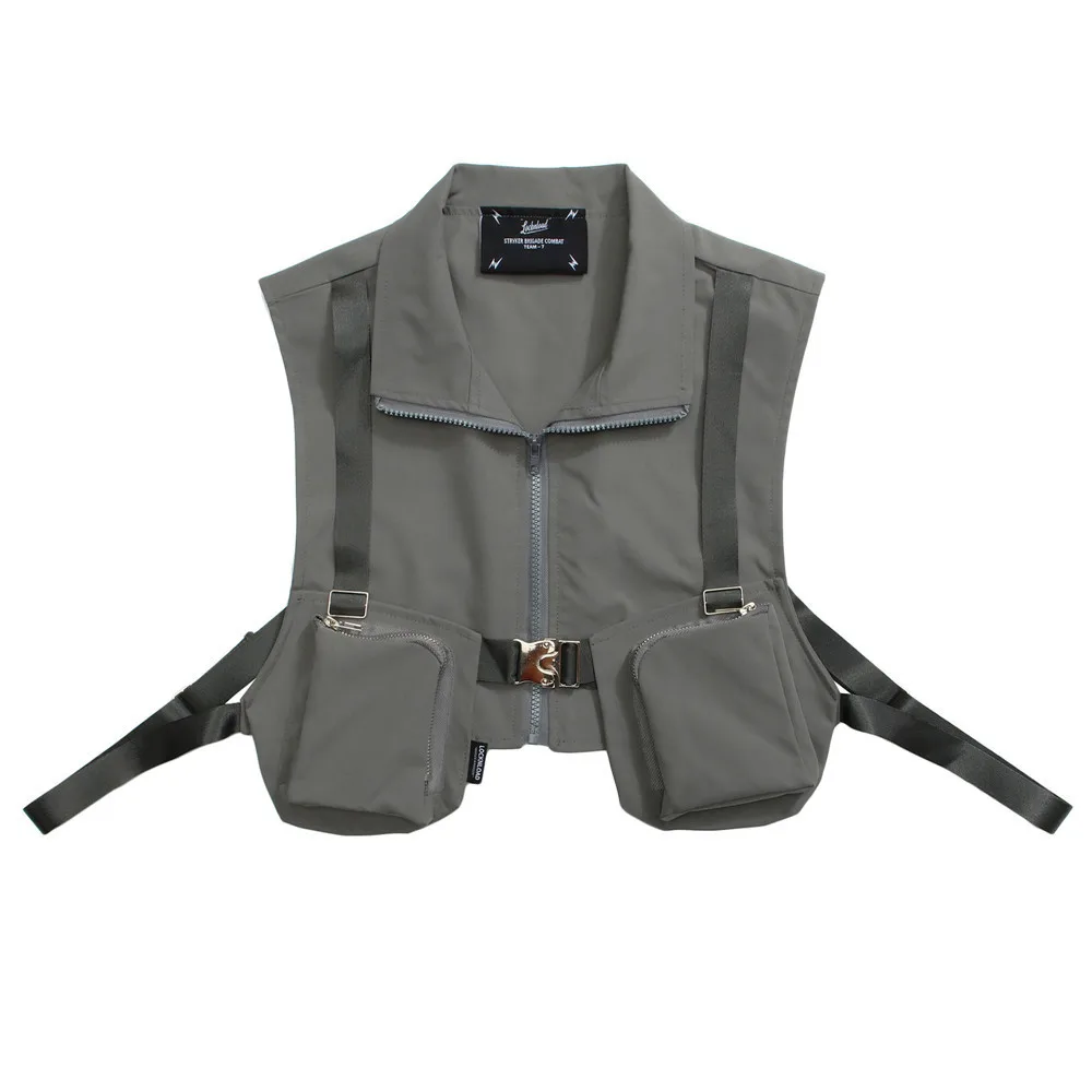 Cargo Functional Tactical Vest Men's High Street Multi-pocket Zipper Vest Summer Sleeveless Lapel Jacket Hip Hop Punk Waistcoat