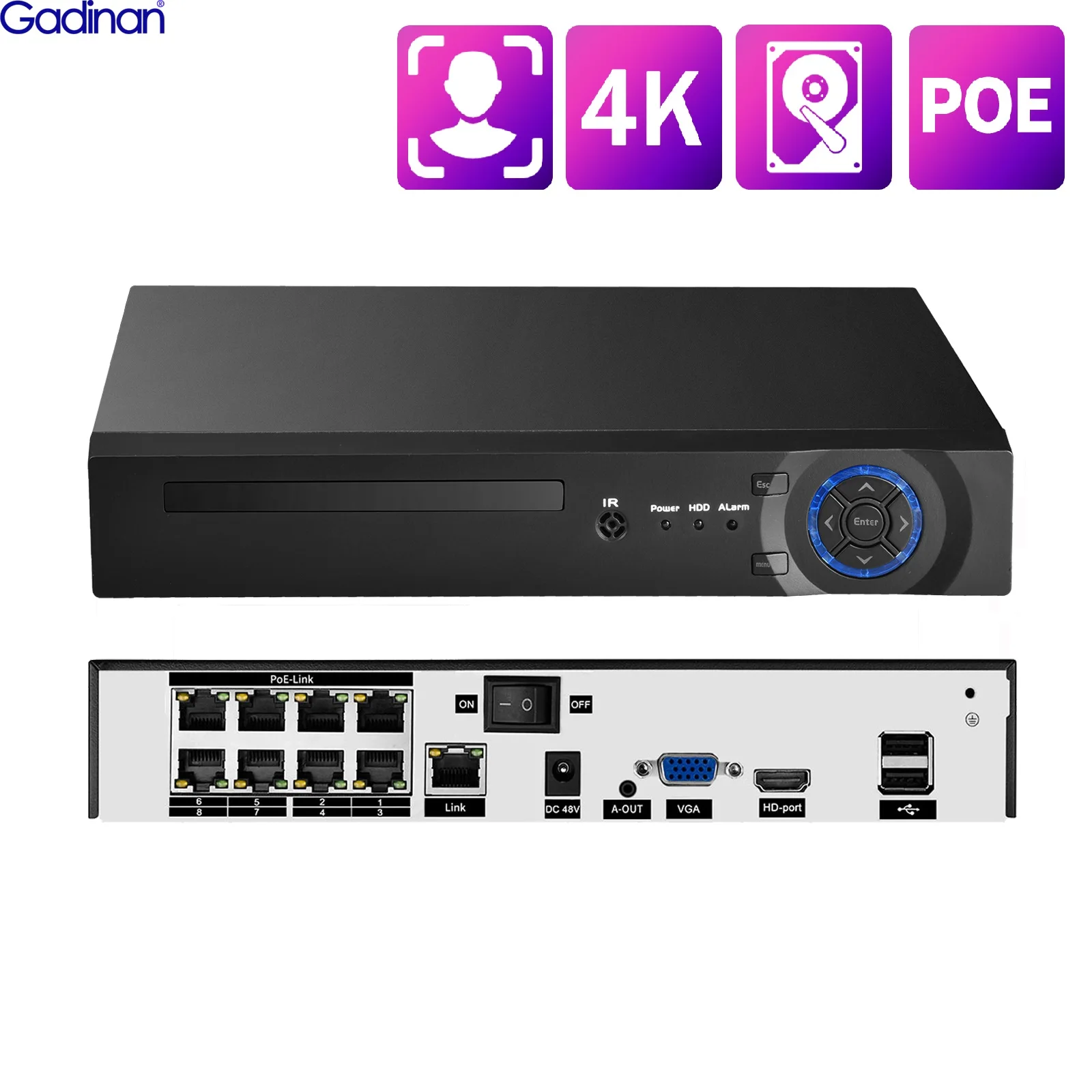 Network Video Recorder Gadinan 5/8MP 4K Audio Network Video Recorder 4/8/16CH Face Detection Security Surveillance CCTV IP Camera Motion Detection NVR