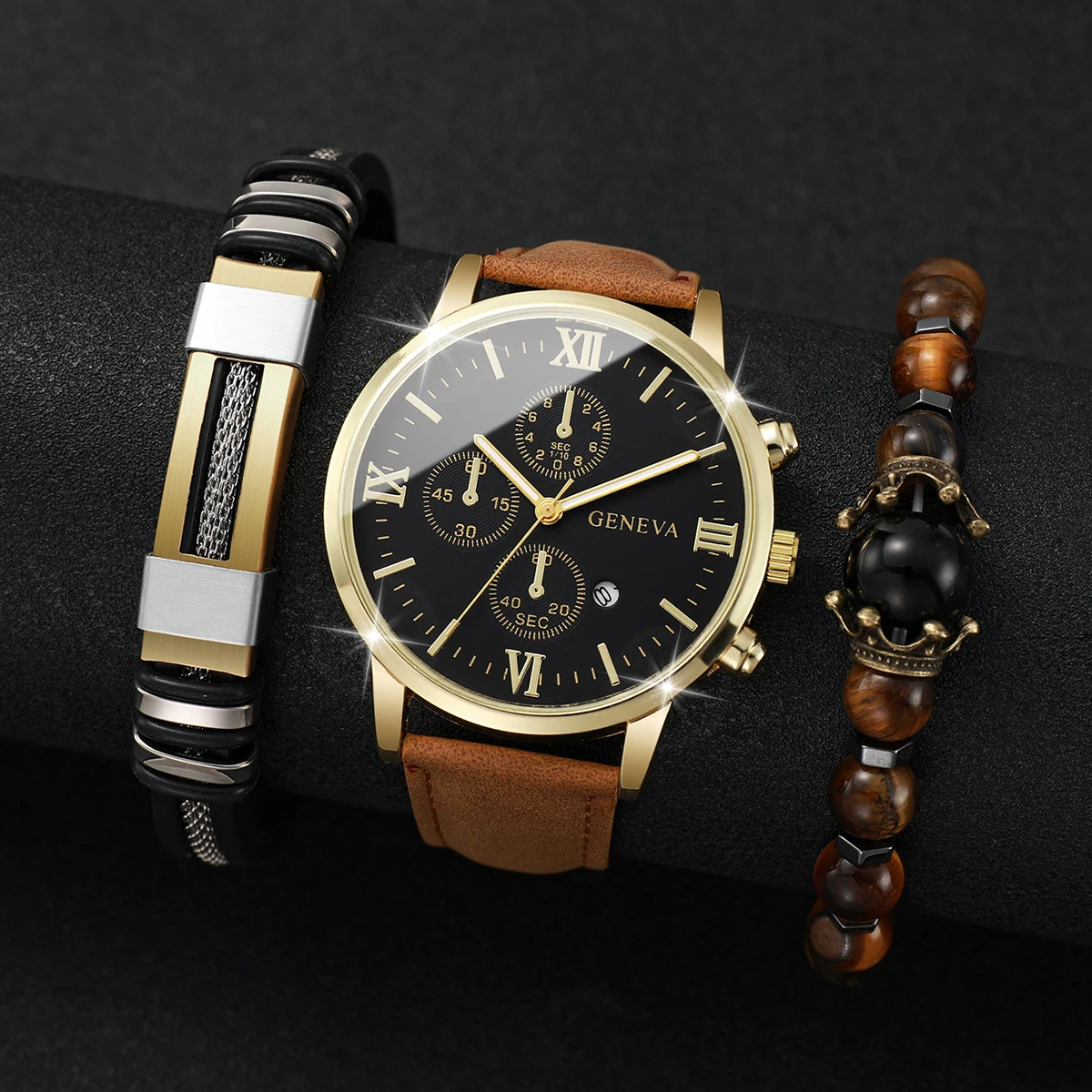 3PCs/Set Fashion Men's Watch Luxury Leather Band Quartz Watch with Tiger Eye Buddha Bead Titanium Steel Bracelet Set(No Box)