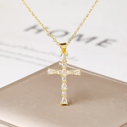 Elegant Gold Zircon Cross Necklace with Multicolor Gemstones - Fashionable Christian Jewelry Choker (Necklace 1)