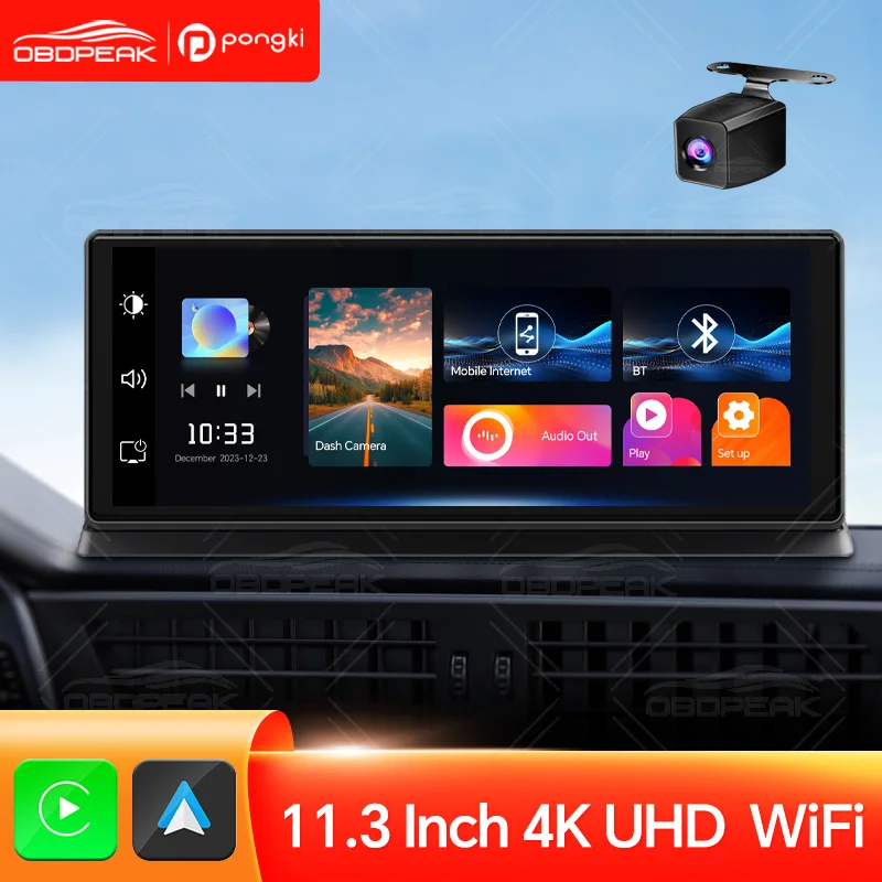 차량용 DVR 카플레이 및 안드로이드 오토 대시 카메라, 와이파이 GPS 네비게이션, FM AUX 대시 캠, 24 시간 주차 모니터, 11.3 인치, 4K, 2160P