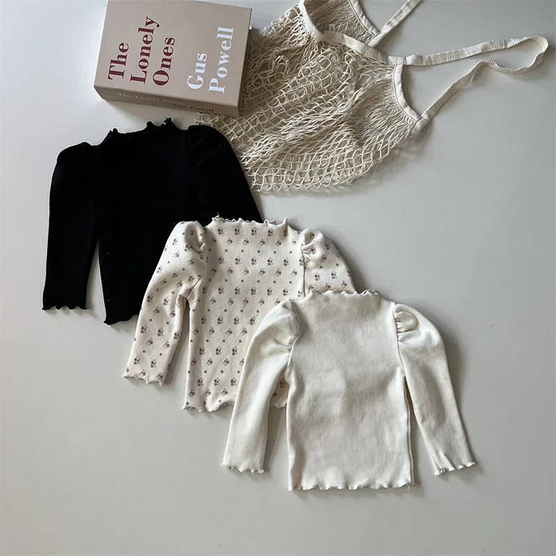 Cotton Baby Long Sleeve Bottoming Shirts Solid Girls Puff Sleeve Floral Tops Autumn Winter New Infant Thick Warm T Shirts