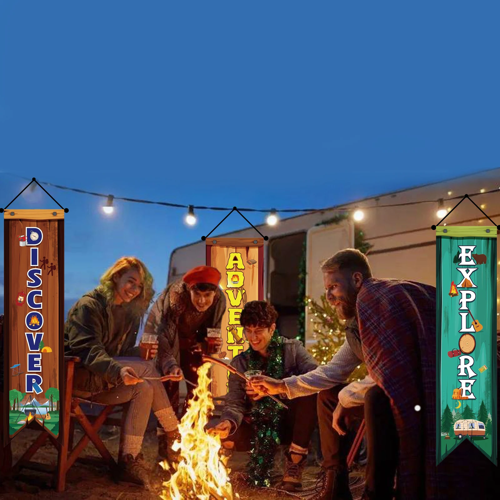 Decoración De Aula Temática Camping - 3 Pancartas De Poliéster, 120x30 Cm, Con Mensajes Motivadores, Para Interiores Y Exteriores